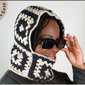 Handmade Crochet Granny Square Balaclava Knit Hat Beanie Hood in Olive & White